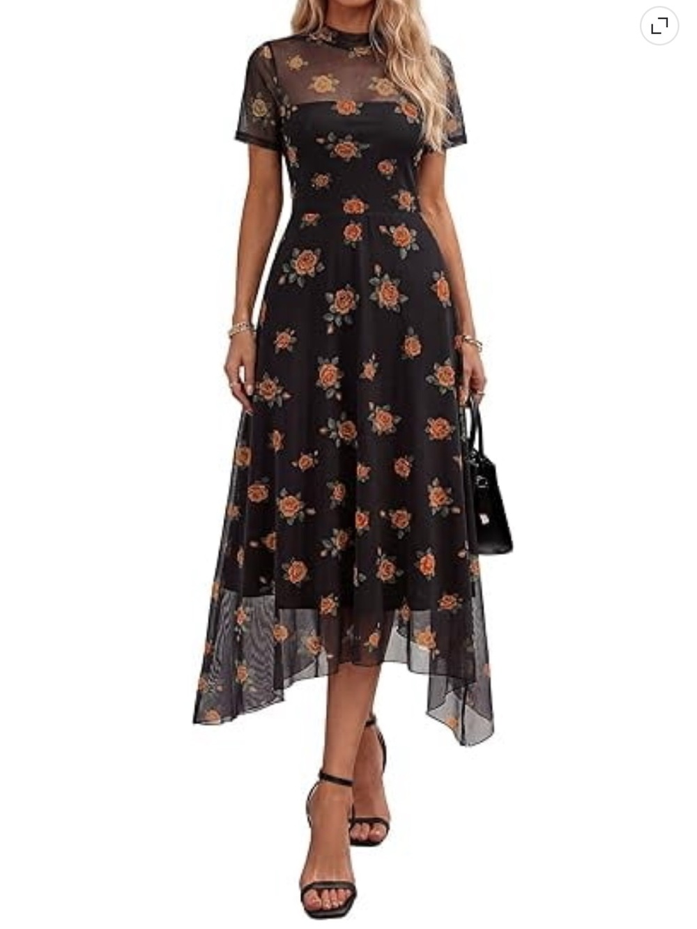 Floral Mesh Midi Dress - Black with Orange Roses